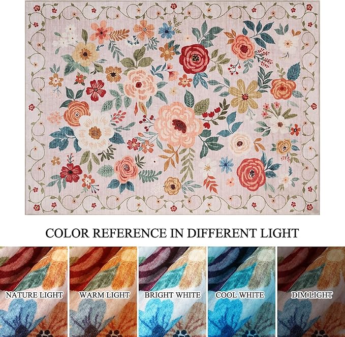 DUKINO 8x10 Area Rug, Floral Rugs for Living Room, Lightweight Non Slip Washable Rug, Indoor Low Pile & Non-Shedding Boho Design Rugs for Bedroom, Living Room, Dining Room, Beige