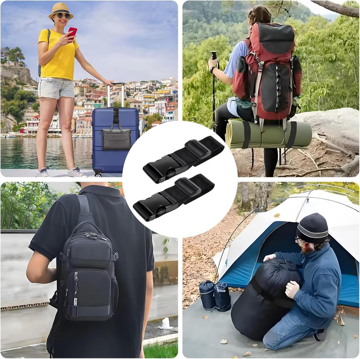 Luggage Straps for Suitcases TSA Approved, Straps with Buckles, Adjustable Luggage Connector Straps for Suitcases - Connect 3 Luggages, Fanny Pack Extender Strap (2pcs Black)