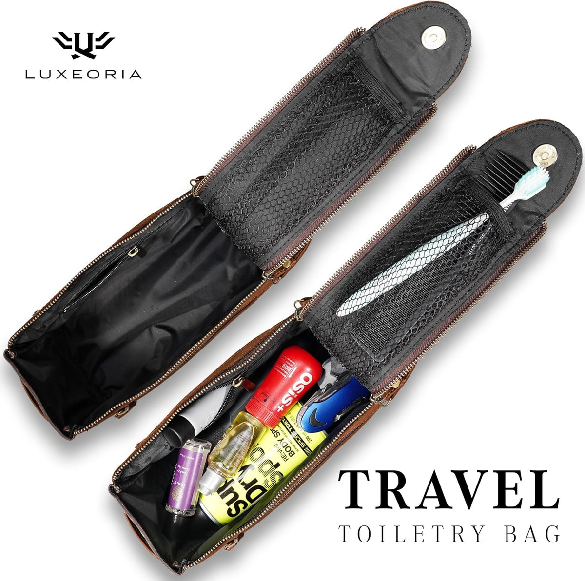 LUXEORIA Genuine Leather Toiletry Bags for Men and Women, Handmade Premium Leather Dopp Kit and Shaving Bag, Cosmetic Bag for Womens and Mens, Travel Essentials & Organizers