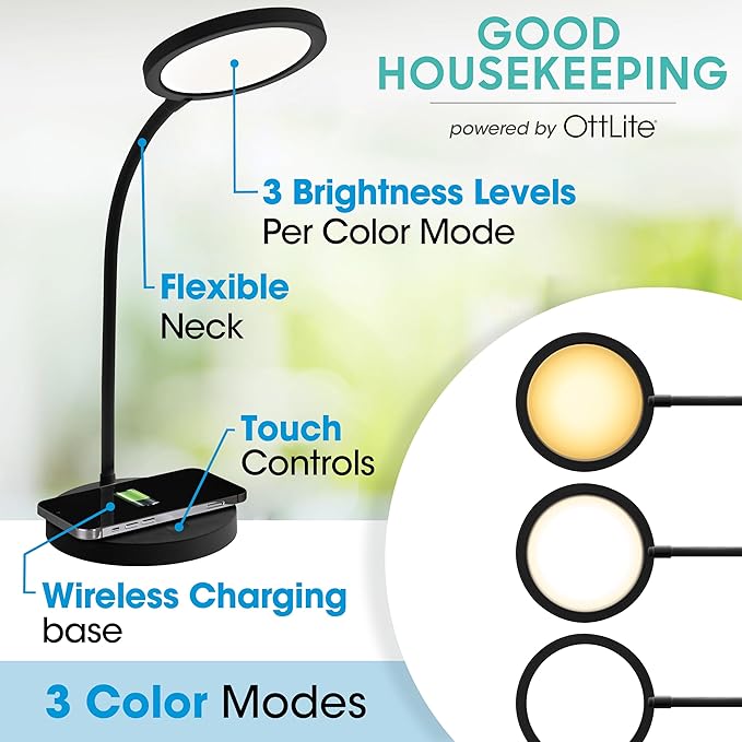 OttLite Good Housekeeping Circular LED Desk Lamp with Wireless Charging - Designed to Reduce Eyestrain - Adjustable Neck, 3 Color Modes - Crafting, Office Work, Reading & Studying