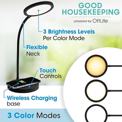 OttLite Good Housekeeping Circular LED Desk Lamp with Wireless Charging - Designed to Reduce Eyestrain - Adjustable Neck, 3 Color Modes - Crafting, Office Work, Reading & Studying