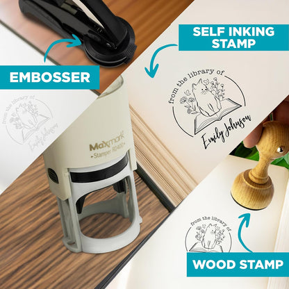 Custom Library Embosser - Style 106 - Embosser, Wood Stamp or Self Inking Stamp - Book Embosser Includes 50 Gold Seals - Custom Stamp Seal from The Library of