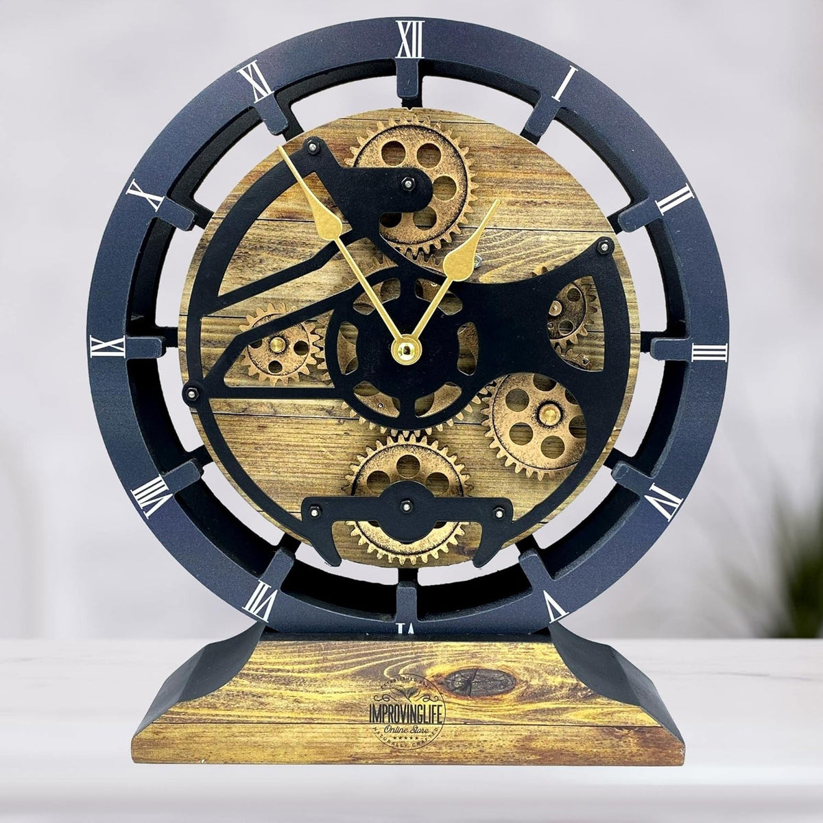 The Gears Clock Desk Clock 10 inches with Real Moving Gears Convertible into Wall Clock (Gold Antique)