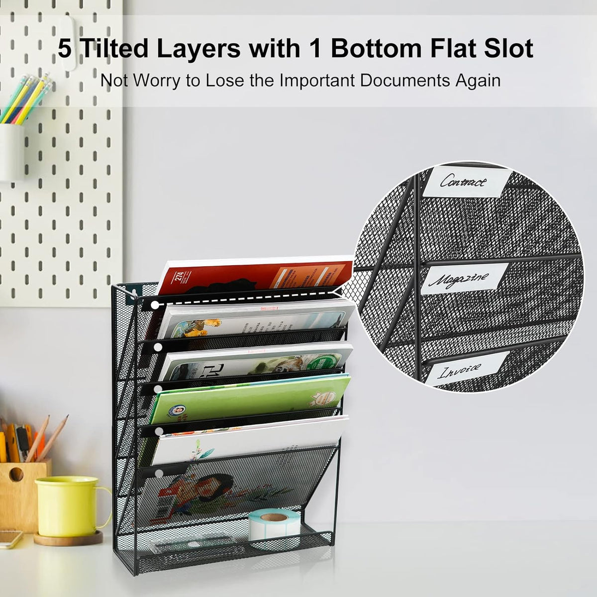 EasyPAG Wall File Holder 5 Tier Vertical Hanging File Organizer Wall Mount Paper Folder Rack with Bottom Flat Tray for Office and Home,Black