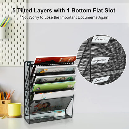 EasyPAG Wall File Holder 5 Tier Vertical Hanging File Organizer Wall Mount Paper Folder Rack with Bottom Flat Tray for Office and Home,Black