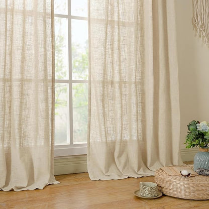 LAMIT Linen Kitchen Curtains 24 Inch Length, Semi Sheer Light Filtering Window Panels Back Tab and Rod Pocket Drapes for Basement/Small Windows, 25 x 24 Inch, 2 Panels