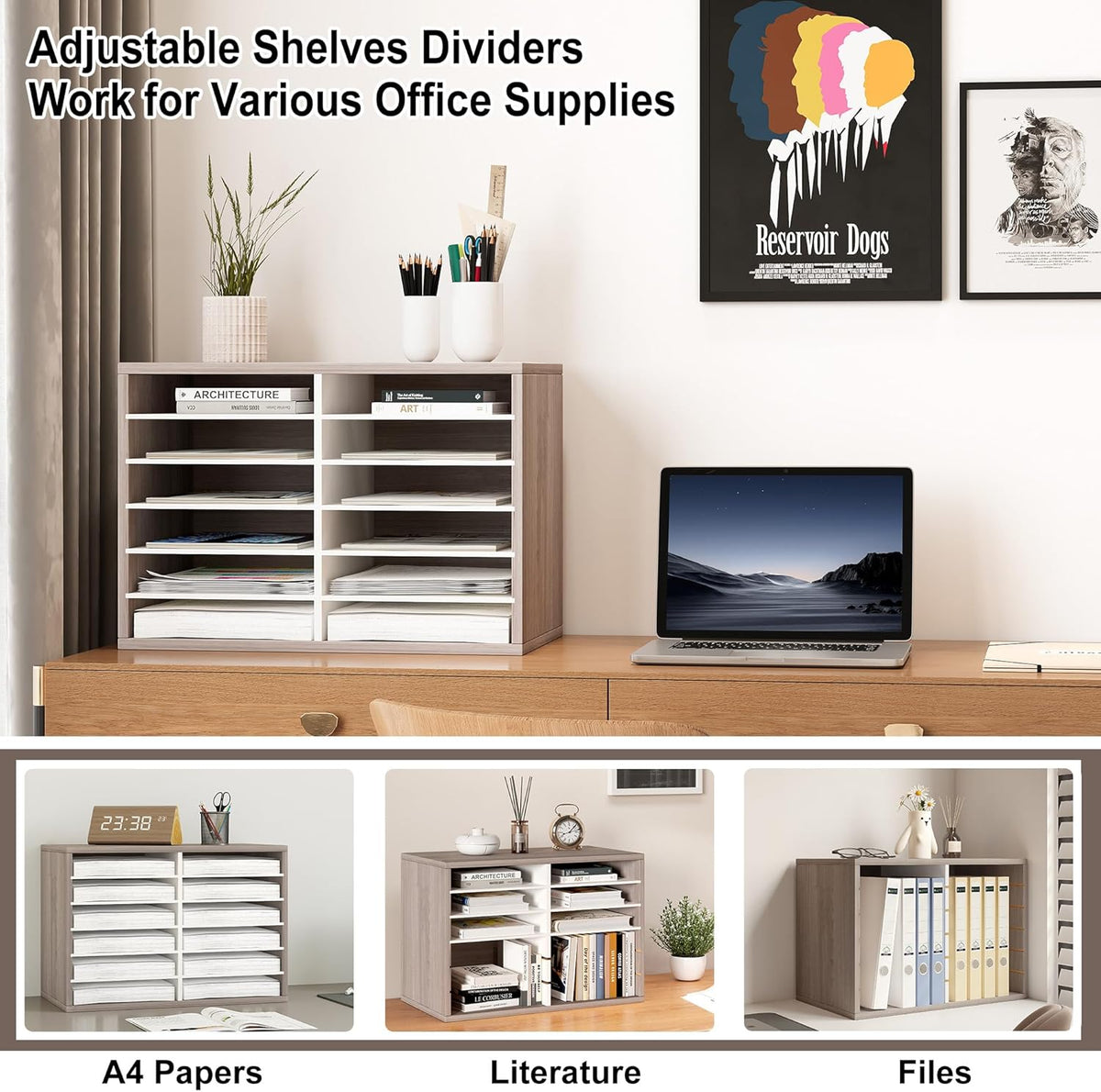 Mail Organizer Countertop, 12 Slots Wooden Desk File Literature Sorter, Adjustable Paper Storage Shelves Document Holder, Space Saving Desktop Mailbox for Office Classroom, Retro Grey/White