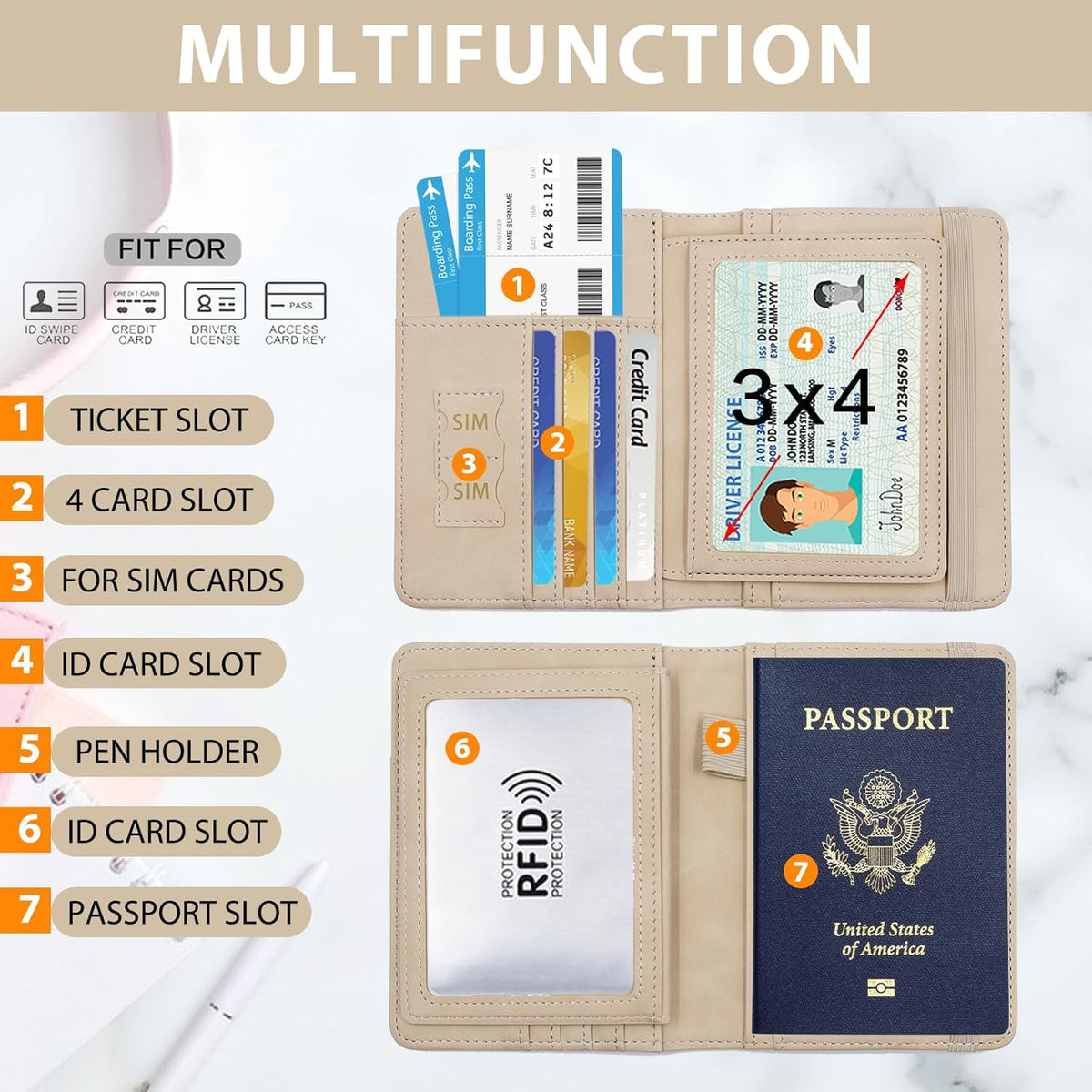 Melsbrinna Rfid Passport Holder for Travel women/Men, Cute Passport Wallet Rfid Blocking Card Slots, Rfid Passport Cover/CaseTravel Wallet, Passport Book Holder (1, Beige)