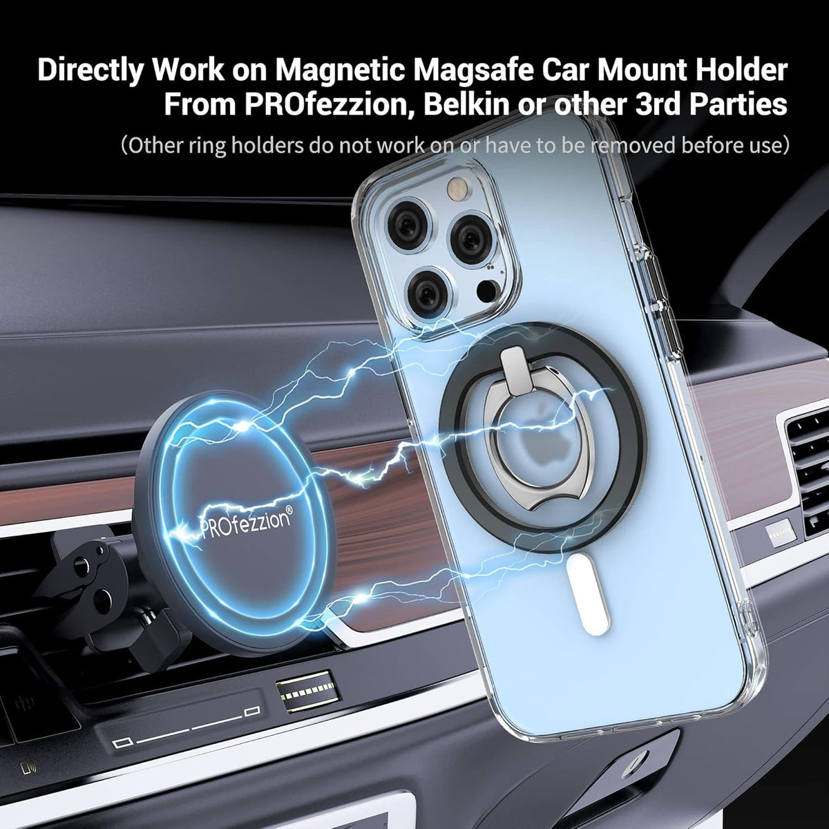 PROfezzion Thin Metal Ring Holder for MagSafe, Removable Strongest Magnetic Phone Grip for iPhone 16 15 14 13 12 Pro Max Plus with Mag-Safe Case [Not for Regular Case] [MagSafe Car Mount Compatible]