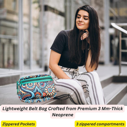 Yewande&co Neoprene Fanny Pack Belt Bag – Lightweight Waterproof Waist Bag with Adjustable Strap, 3 Zippered Pockets, Crossbody Belt Bag for Travel, African Design Crossbody Bags (Campfire)
