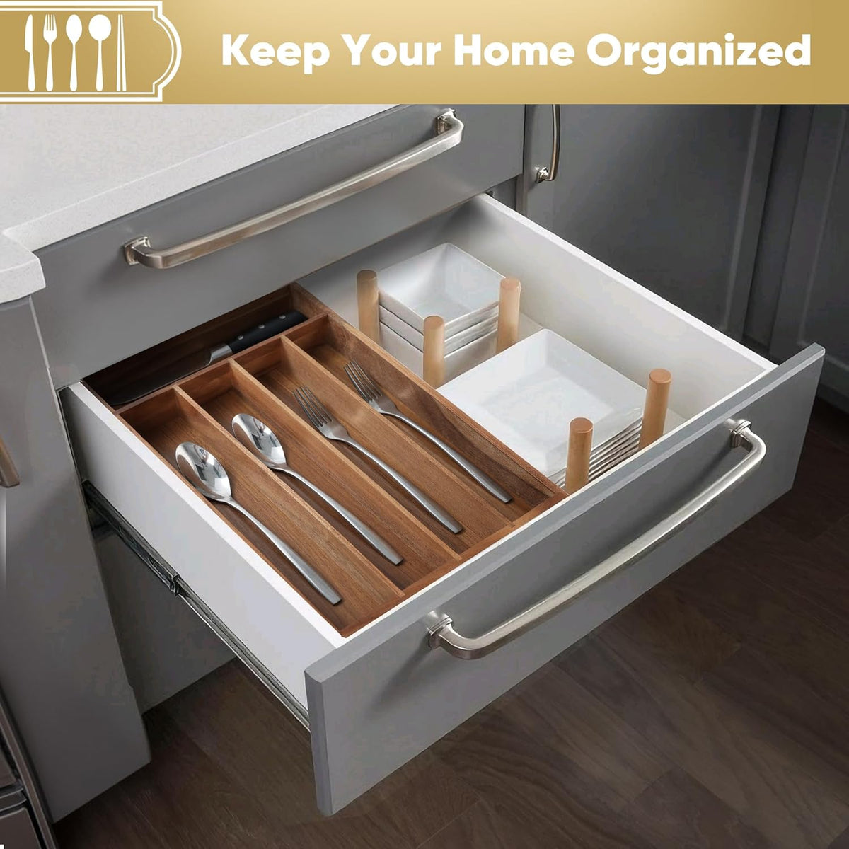 Silverware Organizer, 10 Inch Utensil Organizer Kitchen Drawer Organizer Acacia Silverware Holder Cutlery Tray Organizer in Drawer Flatware Organizer Tray(5 slots, Acacia）