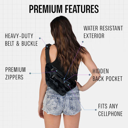 Black Camo Fanny Pack Belt bag - Crossbody Waist Bag for Men or Women - Hands-Free, Waterproof Large Bumbag for Hiking, Running, and Travel