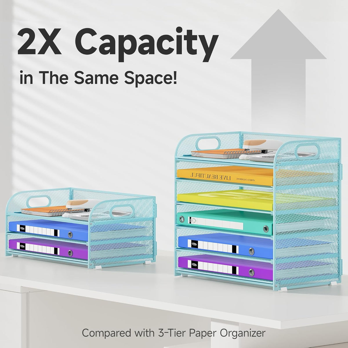 6 Tier Paper Organizer with Handle, Metal Desk Organizer Mesh Paper Letter Tray Desktop File Folder Document Sorter for Classroom, School, Office Accessories Organization and Storage - Blue