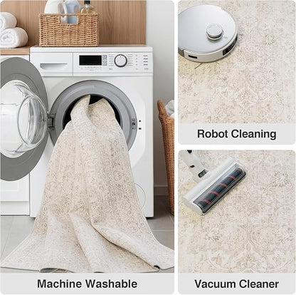 FMFUNCTEX 3x7 Hallway Runner Rug Beige Vintage Neutral Washable Distressed Non Slip Low Pile Indoor Carpet Soft Retro Entryway Rug for Kitchen Bathroom Laundry Entrance Living Room Bedroom Bedside