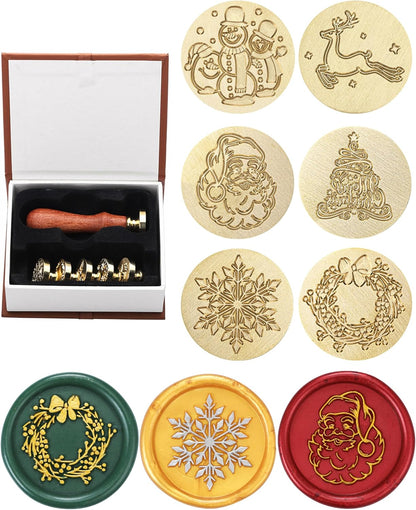 Yoption Christmas Wax Seal Stamp Gift Box Kit, 6pcs Sealing Wax Stamp Heads with 1 Wooden Hilt Set for Party Invitation Card Gift Decoration (Merry Christmas Series)