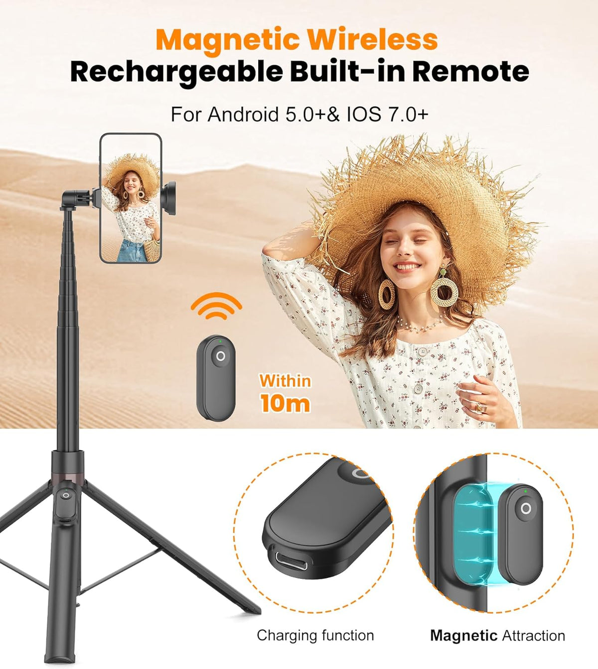 TONEOF 66" Automatic Tripod,Auto-Open Phone Tripod Stand with Magnetic Rechargable Remote,Selfie Stick Tripod 360° Vertical & Horizontal Rotatable,Stable Travel Tripod for iPhone/Android(Black)