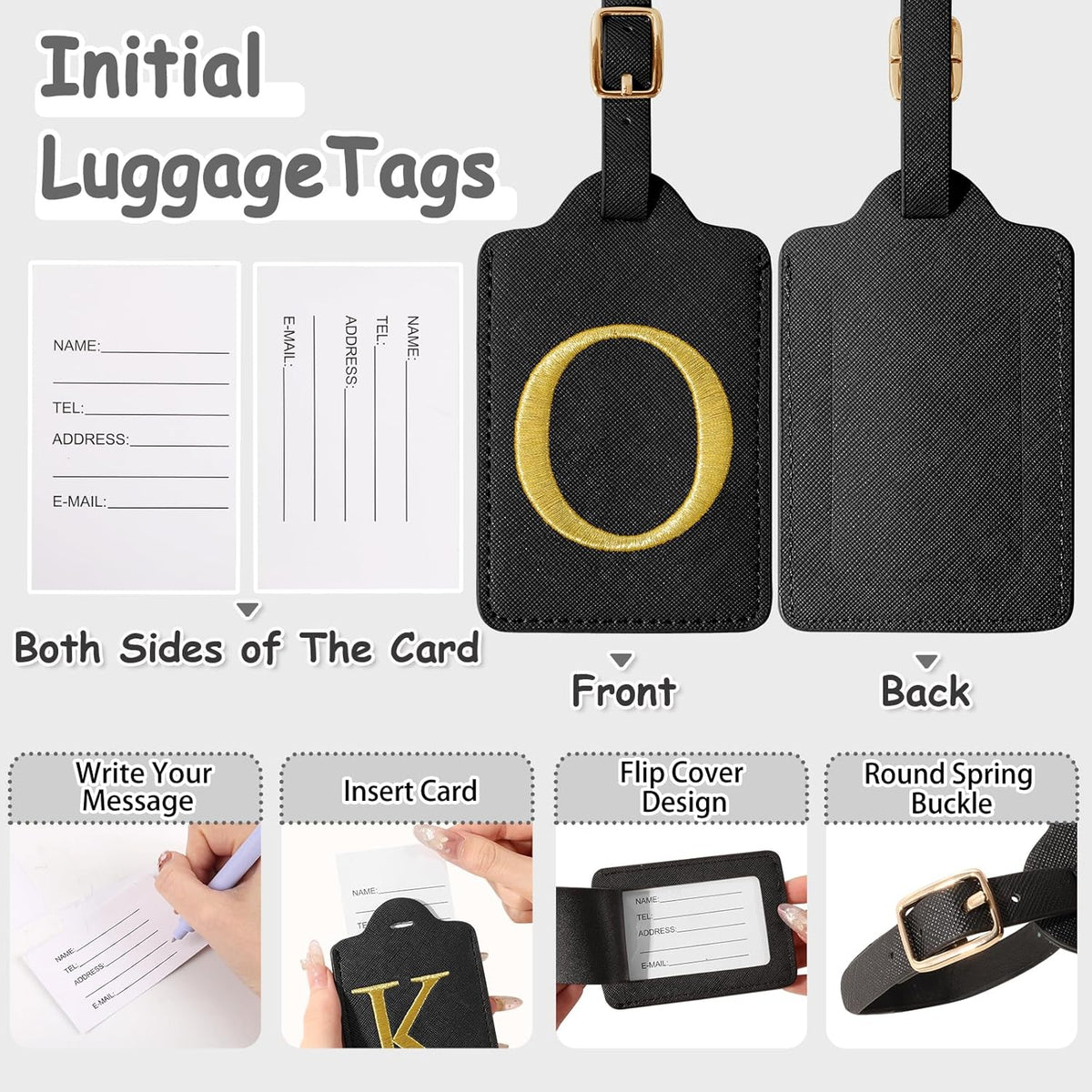 Initial Letter Luggage Tags for Suitcases, Personalized Embroidered Letter Luggage Bag Suitcase Identifier Name Tag, Cute PU Leather Travel Luggage Tags, Bag Tags for Luggage Handbags(Black O)