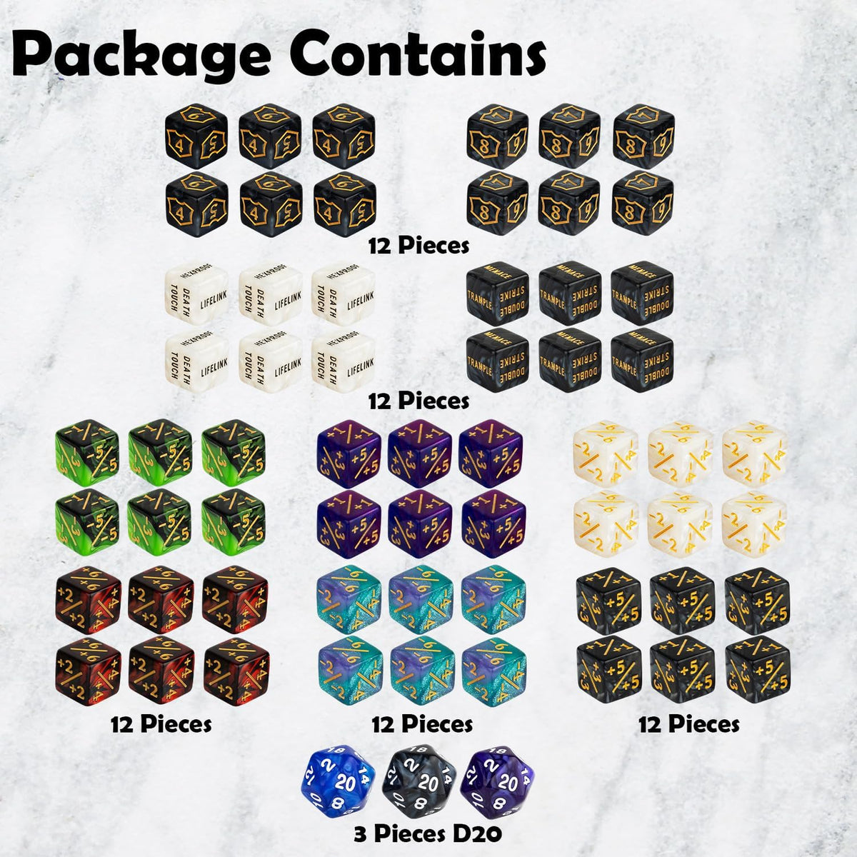 63 Pieces Abilities Keyword Counter Dice Bulk MTG Dice Counters Set Magic Plus 1 Life Buff Tokens for MTG, TCG, Card Gaming Accessories