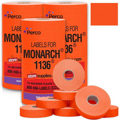 Perco Fluorescent Red Pricing Labels for Monarch 1136 Price Gun – 3 Sleeves, 24 Rolls Value Pack - 42,000 Price Marking Labels – with Ink Rolls Included