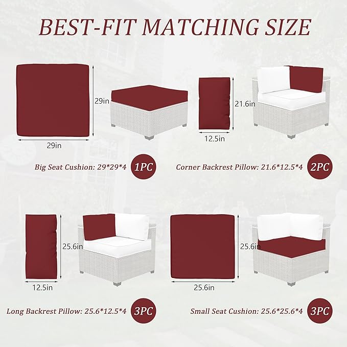 Outdoor Cushions for Patio Furniture with 5 Pillows, Waterproof Patio Furniture Cushions Replacement, 4" Deep Seat Outdoor Sectional Cushions for 4-seat Patio Furniture Chair Sofa Couch,Burgundy