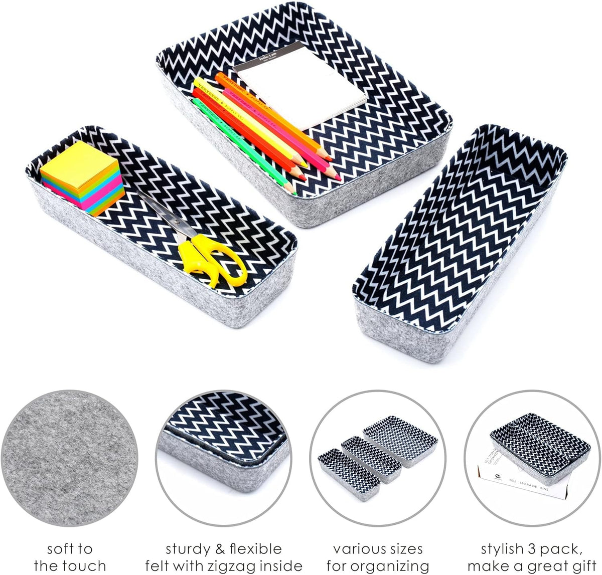 Welaxy Desk Drawer Organizer Bins with Modern Pattern Home Office Storage Bin Sturdy Small Sharrow Cozy Cubby Organize Box Gifts idea 3-Piece (Zigzag)