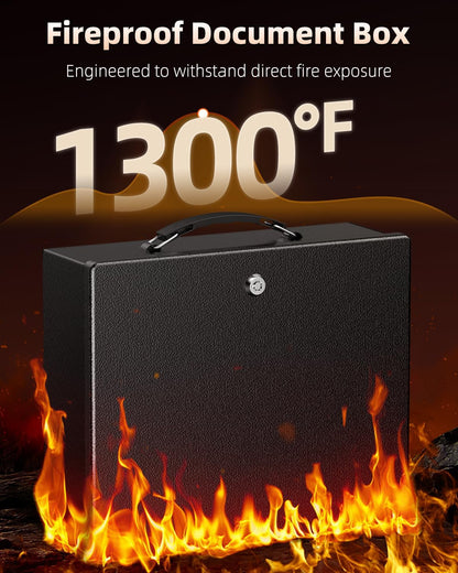 Uniclife Fireproof Document Box with Key Lock & Handle, 13" x 10.9" x 4.1", Large Lock Box for A4 Paper, Water-Resistant Safe Box for Valuables, Passports & Cash, Portable Security Metal Chest