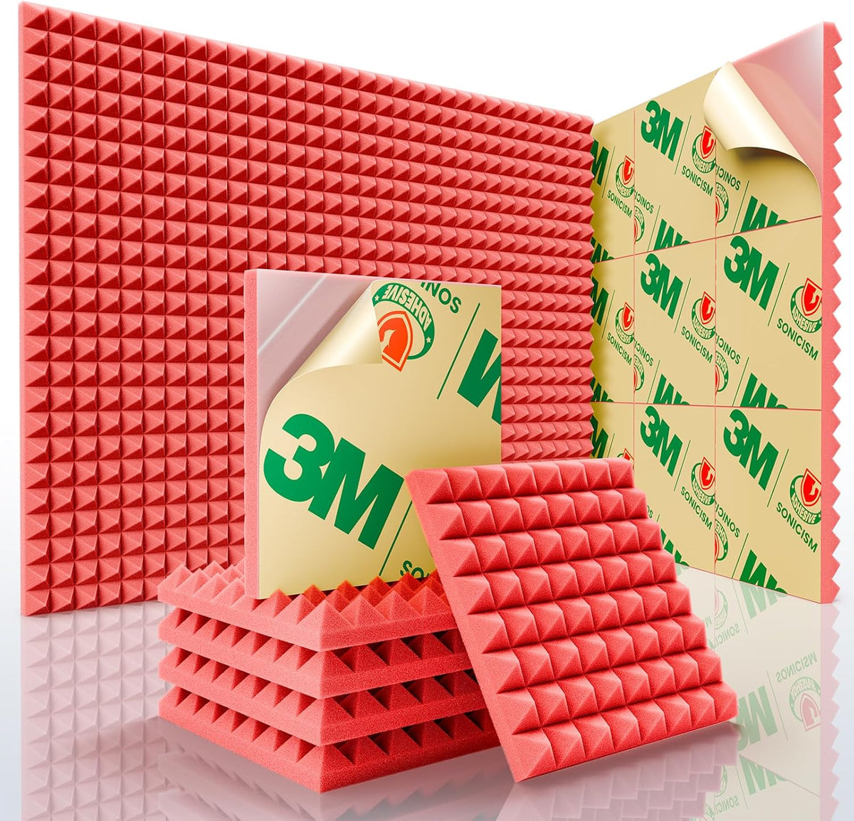 Sonicism Acoustic Panels Self-Adhesive Pyramid 12 Pack,12" X 12" X 1" Sound Proof Foam Panels for walls,35kg/m³High Density Soundproof Wall Panels Fast Expand,Sound Absorption & Decoration(Red)