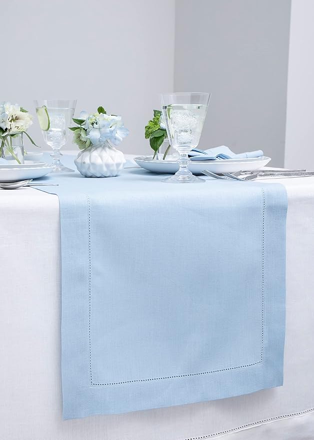 Solino Home Linen Sky Blue Table Runner 120 Inches Long - 100% Pure Linen Hemstitch 14 x 120 Inch Table Runner for Dining, Holiday, Christmas, New Year - Classic Hemstitch