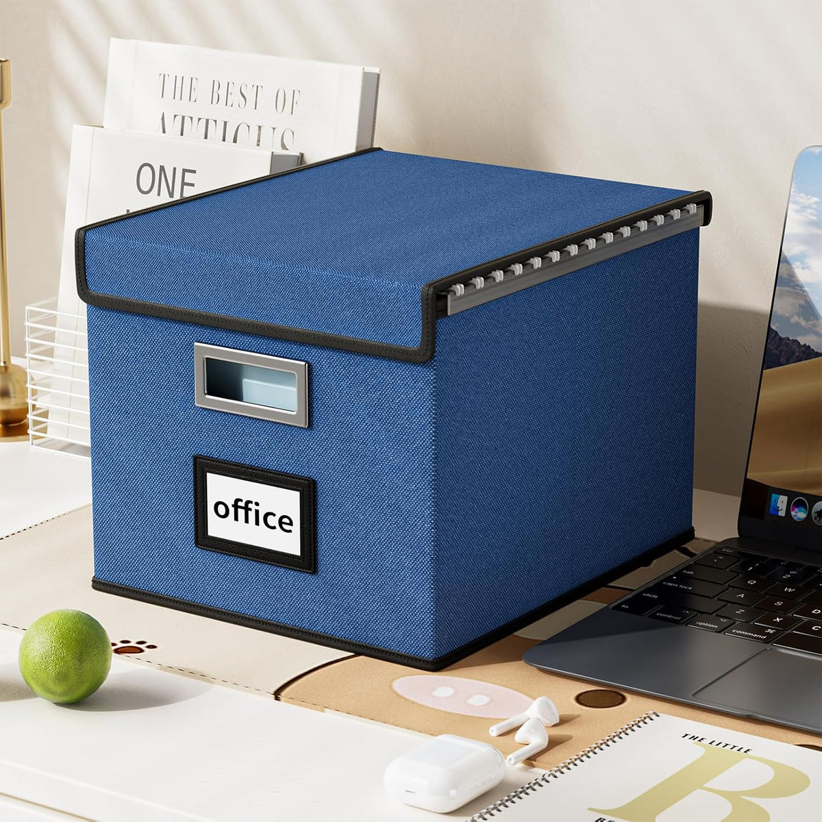 Huolewa Decorative File Organizer Boxes Office Document Storage with Lids, Portable Collapsible Linen Hanging Filing & Storage Boxes for Office/Decor/Home (Royal Blue) -14.9 x 12.7 x 10.8 inch -4 Pack