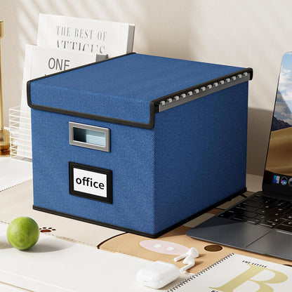 Huolewa Decorative File Organizer Boxes Office Document Storage with Lids, Portable Collapsible Linen Hanging Filing & Storage Boxes for Office/Decor/Home (Royal Blue) -14.9 x 12.7 x 10.8 inch -4 Pack