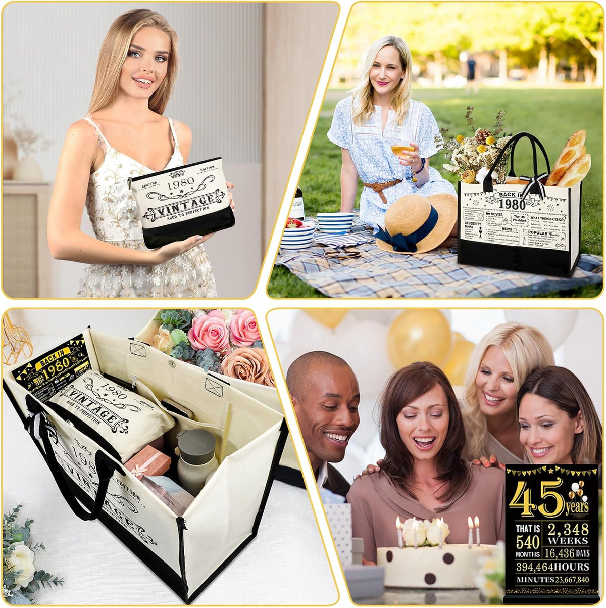 45th Birthday Gifts for Women Canvas Tote Bag Travel Gear, Unique 45 Years Old Birthday Gifts for Mom Wife Aunt Friends Her, Vintage 1980 Handbag & Cosmetic Bag & Back in 1980 Poster