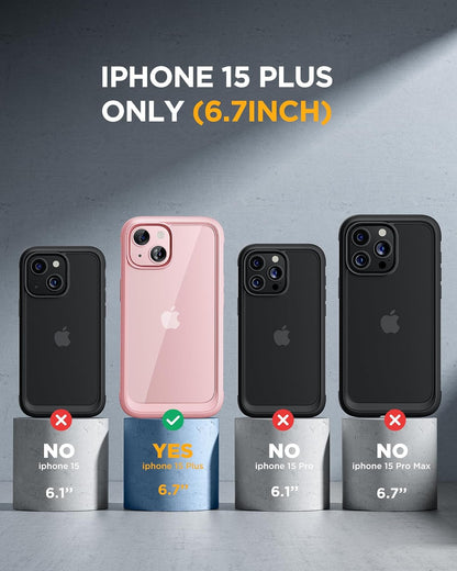 Miracase Glass Series Designed for iPhone 15 Plus Case 6.7',Full-Body Military Drop Proof 15 Plus Phone Case Cover with Built-in 9H Tempered Glass Screen Protector,Pink