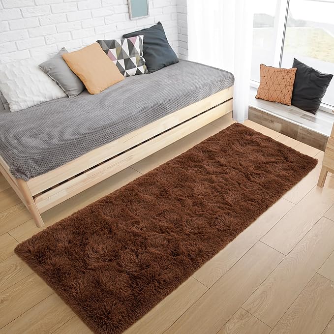 Tepook Soft Runner Rugs for Bedroom 2x6 ft with Rubber Backing, Brown Fluffy Rugs for Living Room, Shag Bedside Rug Fuzzy Plush Carpet for Room, Area Rug for Dorm Nursery Hallway Indoor Home Decor