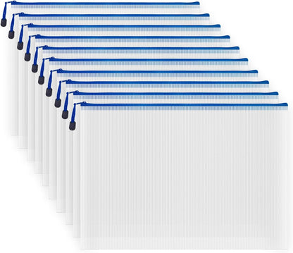 AUSTARK 10 Pcs Zipper File Bags, Waterproof Plastic Mesh Pouch for Office School, Board Game Storage Bags (A3 Size 16.9''x12'', White and Blue)