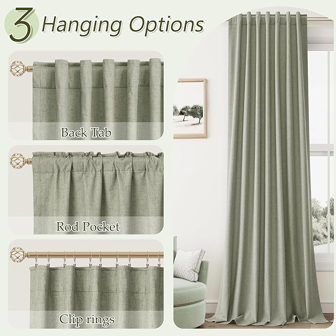 Sage Green 100% Blackout Linen Curtains 100 Inch Length 2 Panels Set for Living Room Bedroom Back Tab Thermal Insulated Black Out Drapes Room Darkening Farmhouse Style for Bedroom Window Curtains