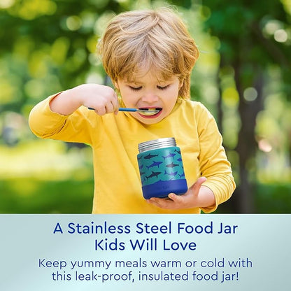 Bentgo Kids Stainless Steel Food Jar - 11oz Leak-Proof Double Insulated Hot or Cold Food Container with Removable Silicone Bumper, Dishwasher Safe, Easy Open Lid, Ages 3+ (Shark)
