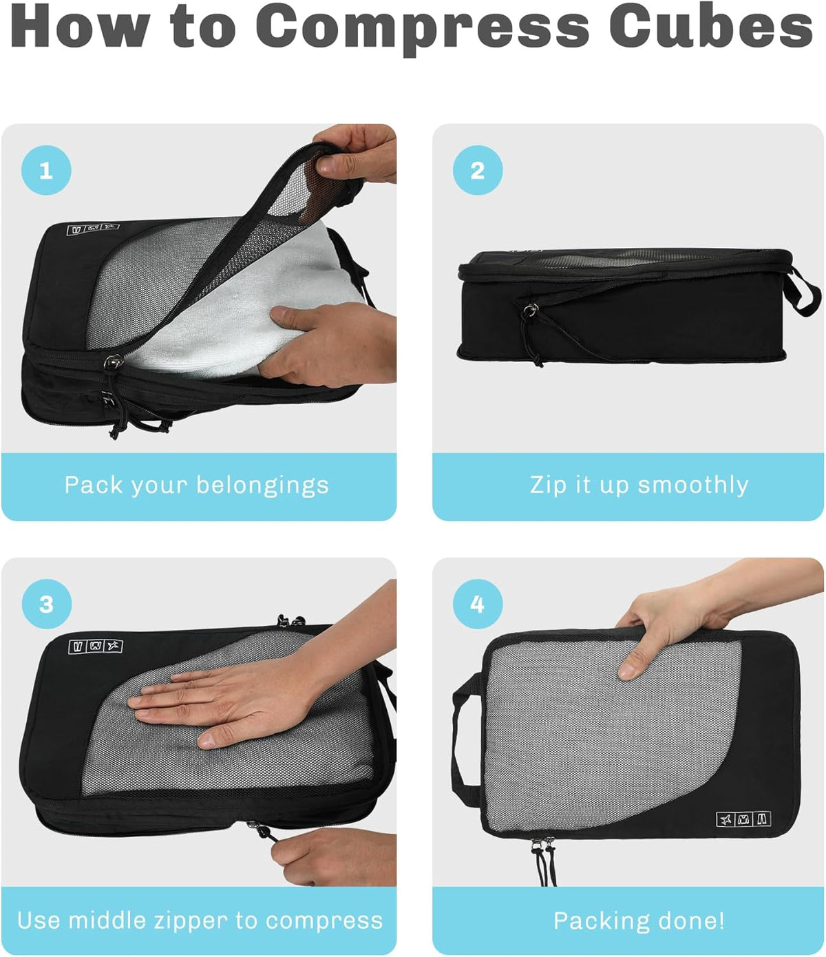 Hynes Eagle 6 Set/ 4 Set/ 2 Set Compression Packing Cubes Travel Essentials Lightweight Nylon Luggage Suitcase Organizer Bag Black 6PCS