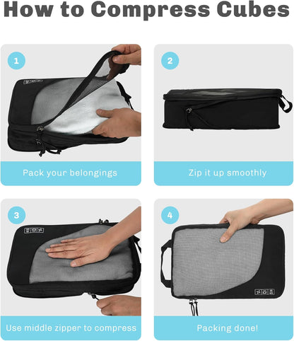 Hynes Eagle 6 Set/ 4 Set/ 2 Set Compression Packing Cubes Travel Essentials Lightweight Nylon Luggage Suitcase Organizer Bag Black 6PCS