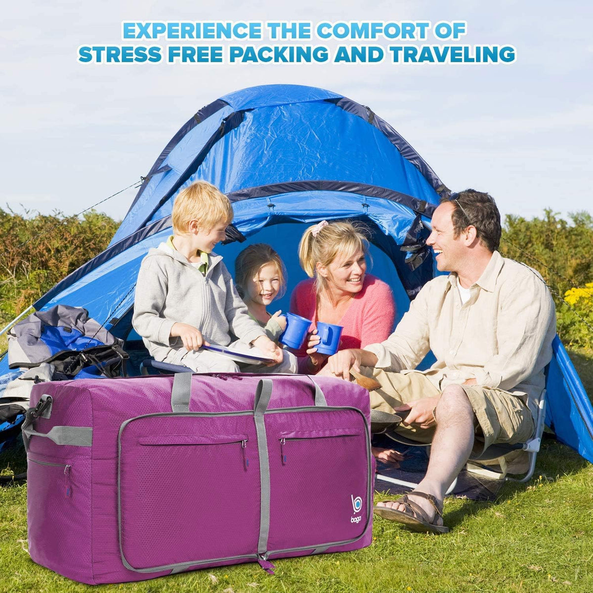 Bago Large Foldable Duffel Bags for Traveling Women & Men - 100L Packable Duffle Bag for Travel with Shoe Compartment - Water Repellant, Heavy Duty, Lightweight Folding & Collapsible (Purple)