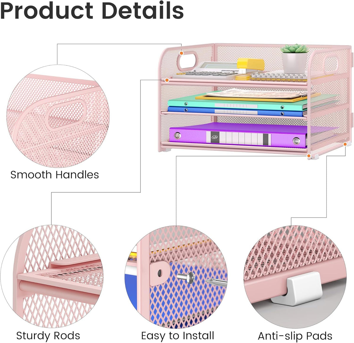 3 Tier Paper Organizer with Handle, Metal Desk Organizer Mesh Paper Letter Tray Desktop File Folder Document Sorter for Classroom, School, Office Accessories Organization and Storage - Pink