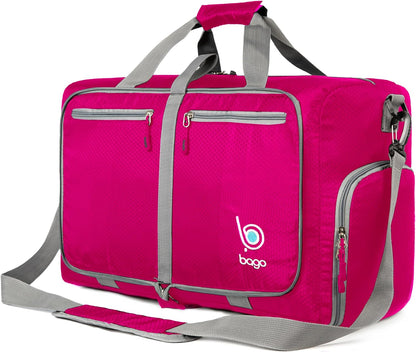 Bago Foldable Duffel Bags for Traveling Women & Men - 40L Sports Packable Duffle Bag for Travel with Shoe Compartment - Water Repellant, Heavy Duty, Lightweight Folding & Collapsible (Pink)