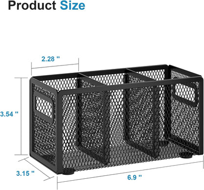 Marbrasse Mesh Pen Holder for Desk,Pencil Holder Desk Organizer 3 Adjustable Compartments,Pencil Cup with Handle Perfect for Classroom, Office, Home,Makeup,Art (Black)