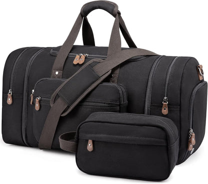 Sucipi Canvas Travel Duffel Bag for Men, Weekend Overnight Bag with Shoe Compartment and Toiletry Bag, Carry-On for Airplanes, Black