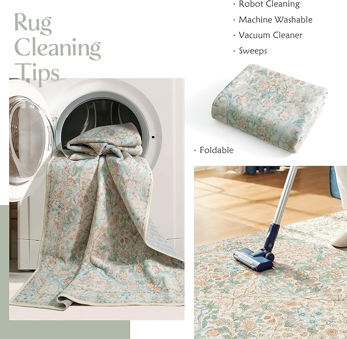 MUJOO 2x3 Washable Rug,Floral Small Area Rugs for Bathroom Entryway Entry Bedroom Bedside,Boho Front Door Mat Indoor Entrance Throw Carpet Neutral Vintage Non Slip Ultra-Thin Light Green and Beige