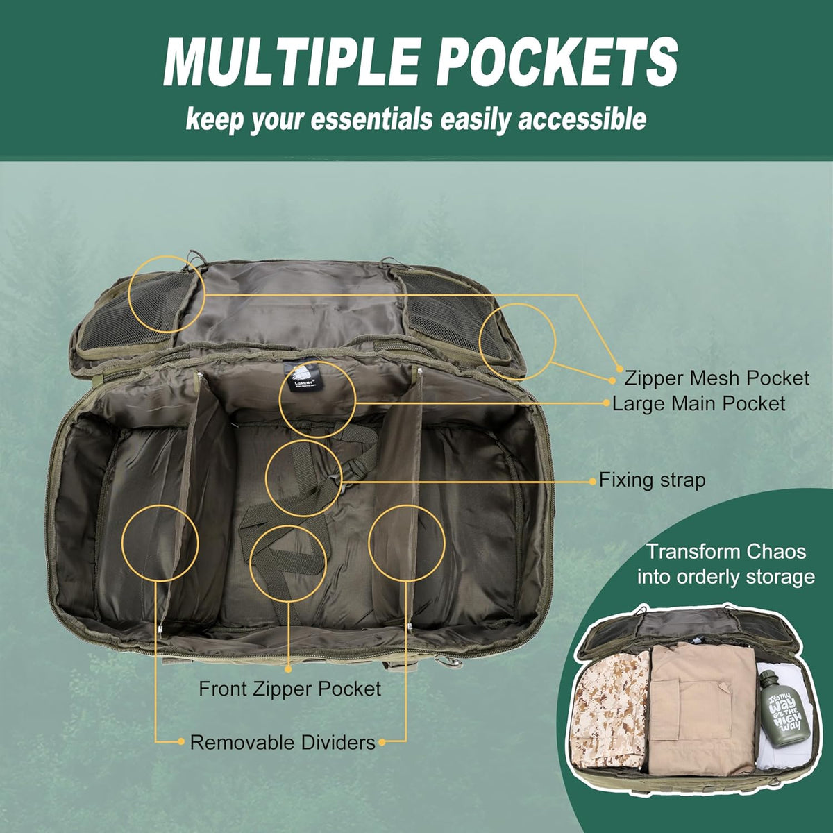 Gym Bag Duffle Bags Backpack Travel Duffle Bag with Weekend Overnight Bag for Outdoor Tactical Sports Travel Camping Hunting (Green, 60L)
