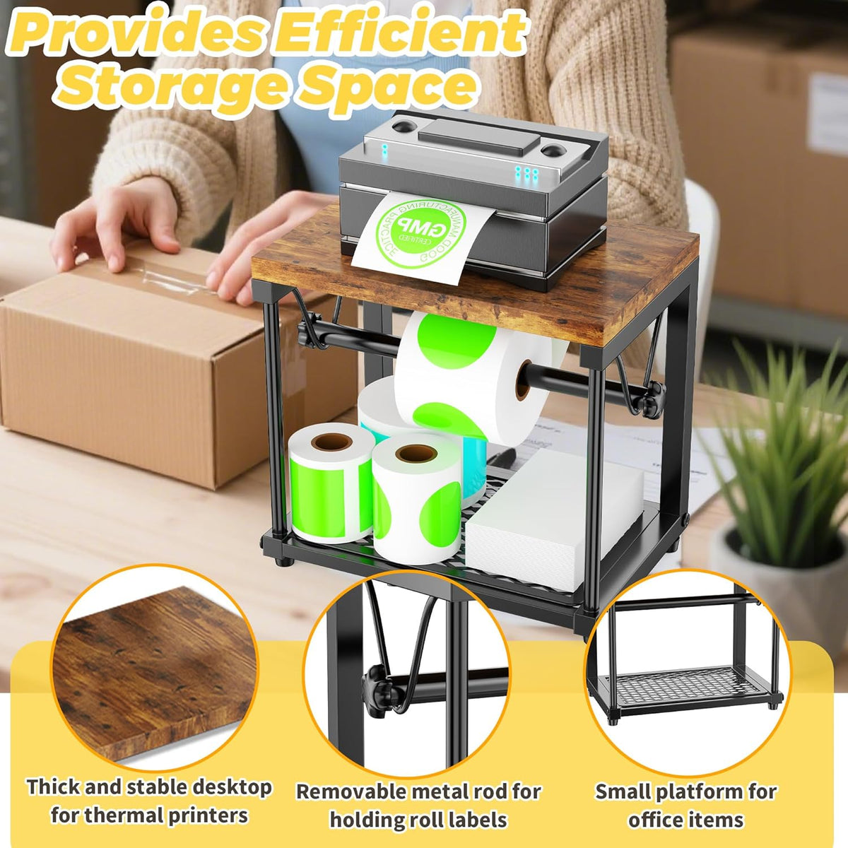 Label Holder for Rolls and Fan-Fold Labels, Wooden Sticker Dispenser for Desktop Thermal Printer, Sticker Roll Holder Organizer, Shipping Label Stand for Home, Office, Small Business (Black)