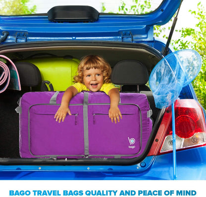 Bago Large Foldable Duffel Bags for Traveling Women & Men - 100L Packable Duffle Bag for Travel with Shoe Compartment - Water Repellant, Heavy Duty, Lightweight Folding & Collapsible (Purple)