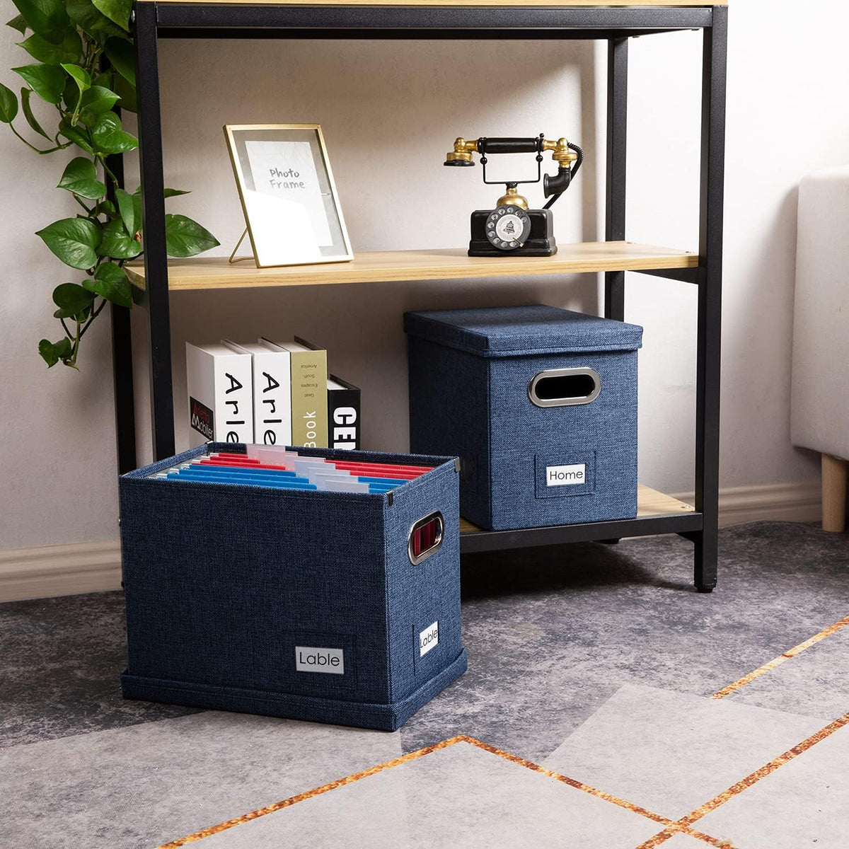 PRANDOM File Organizer Box - Set of 4 Collapsible Decorative Linen Filing Storage Hanging File Folders with Lids Office Cabinet Letter Size Navy Blue (14x9.3x10.8 inch)