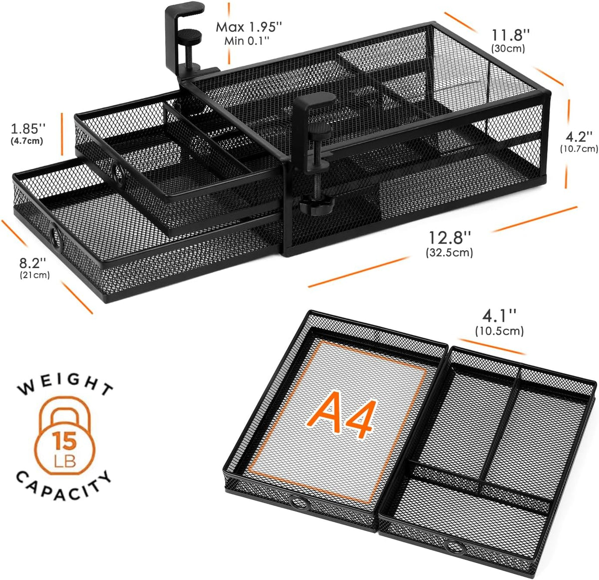 2-Tier Clamp-On Mesh Organizer, Under Desk Storage with Slide-Out Tray, No Drilling Tool-Free Installation, Durable Rust-Resistant Metal, Large-Capacity Organizer.