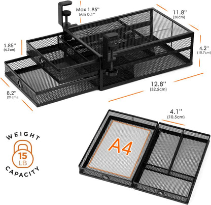 2-Tier Clamp-On Mesh Organizer, Under Desk Storage with Slide-Out Tray, No Drilling Tool-Free Installation, Durable Rust-Resistant Metal, Large-Capacity Organizer.
